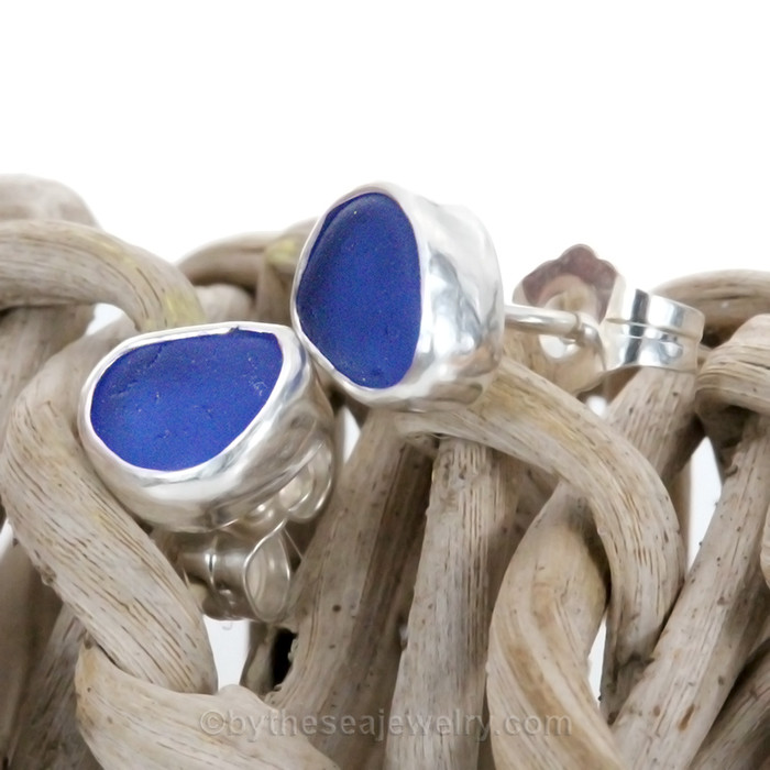 Beach Found Sea Glass Earrings in natural Cobalt Blue in a Solid Sterling Silver Post Setting
