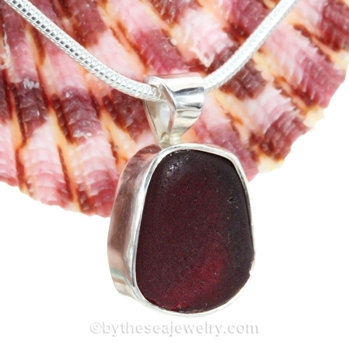RARE Small  Ruby Red Classic Bezel  Sea Glass Pendant in Sterling And Fine Silver