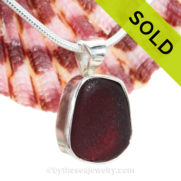 RARE Small  Ruby Red Classic Bezel  Sea Glass Pendant in Sterling And Fine Silver