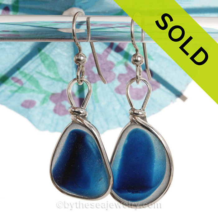 L-A-R-G-E ULTRA RARE  Vivid Mixed Blue Sterling English Multi Sea Glass Earrings In Sterling Original Wire Bezel©