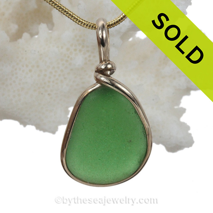 Midsize Mermaids Emerald Green Sea Glass Pendant In Gold Original Wire Bezel© Pendant