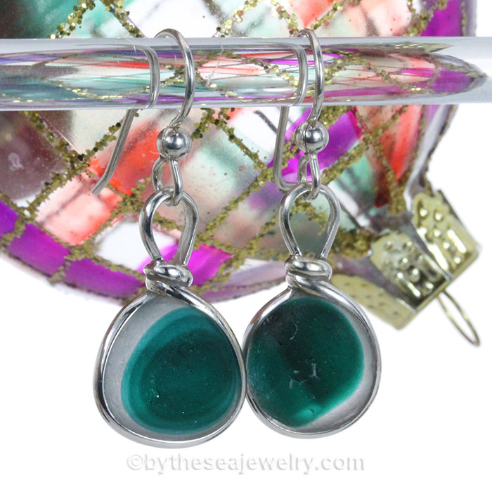 P-E-R-E-F-E-C-T Super Ultra Rare Aqua Green Multi English Sea Glass Earrings In Solid Sterling Wire Bezel©