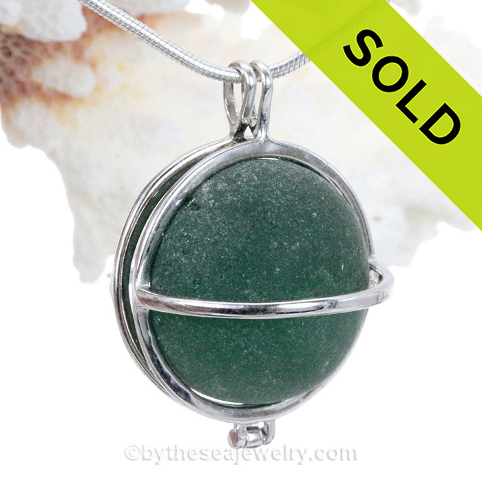 Deep Teal Green Victorian End Of Day Gemball Natural Sea Glass Sterling Cage Pendant