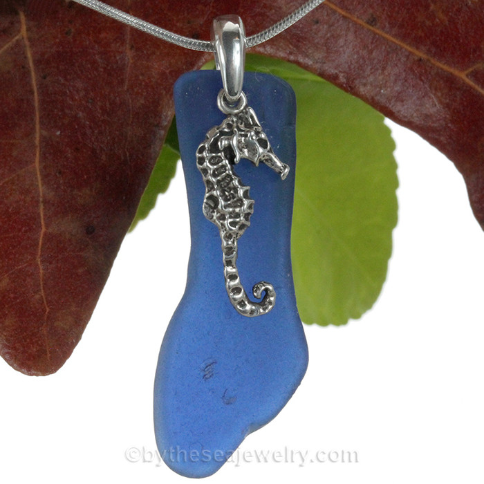 Cobalt Sea Glass Necklace W/ Sterling Silver Large Seahorse Charm