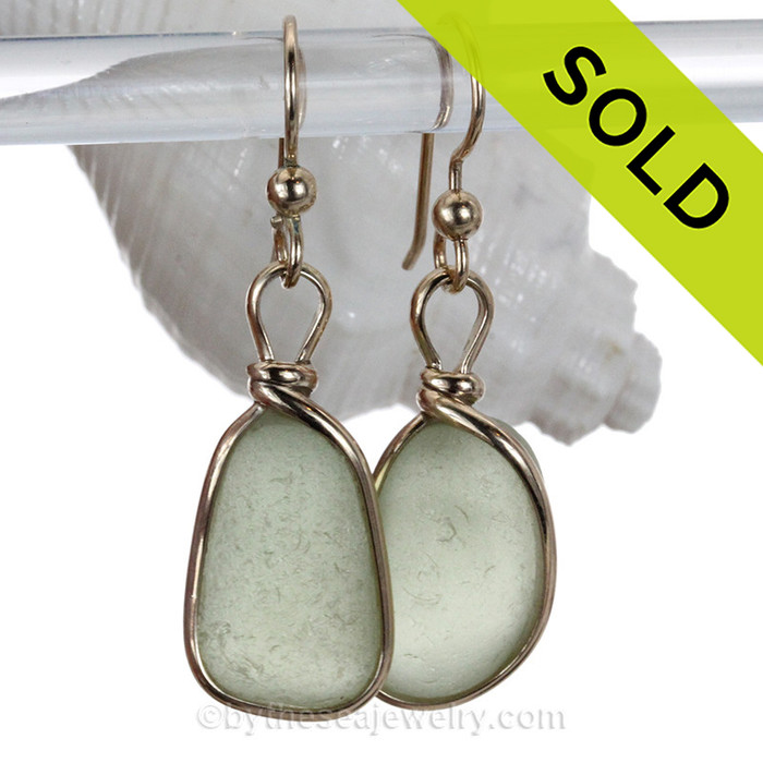 Pale Peridot Green Beach Found Sea Glass Earrings In 14K Goldfilled Original Wire Bezel©
