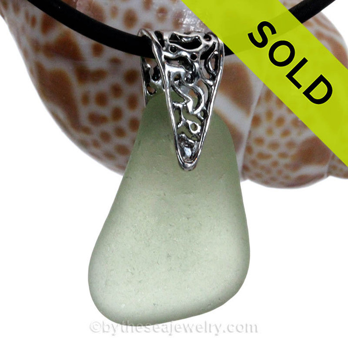 Soft Sea Green Natural Sea Glass Necklace Set On Silver Bail With Black 2MM Neoprene Cord
