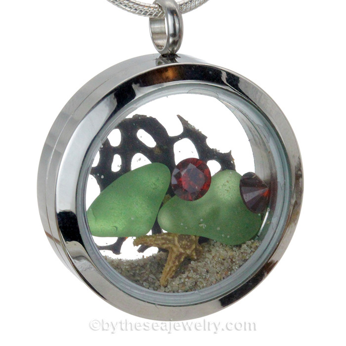 green sea glass and a real starfish and beach make this a great locket necklace for the holidays.