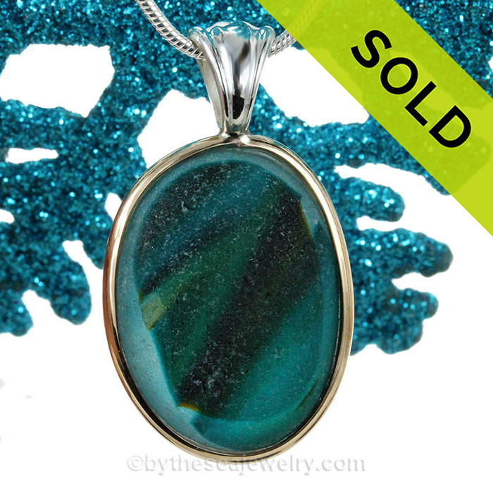 Aqua & Blue English Sea Glass In Mixed Tiffany Deluxe Wire Bezel© Pendant