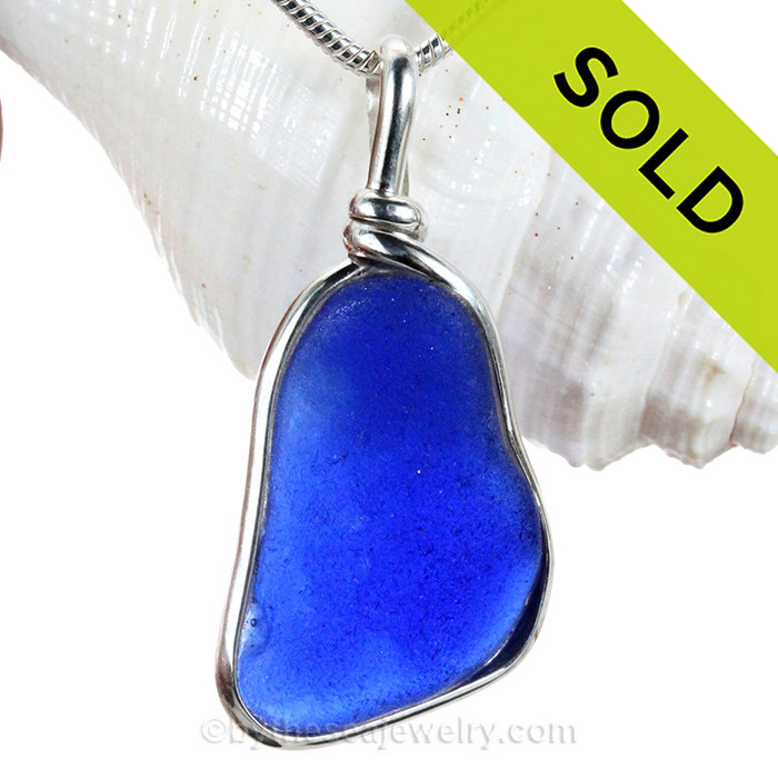 Blue Bumpy Sea Glass In Original Sterling Silver Wire Bezel© Necklace Pendant