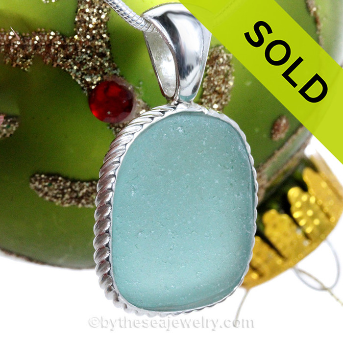 Aqua Blue Genuine Sea Glass in Rope Pattern Deluxe Wire Bezel© Pendant