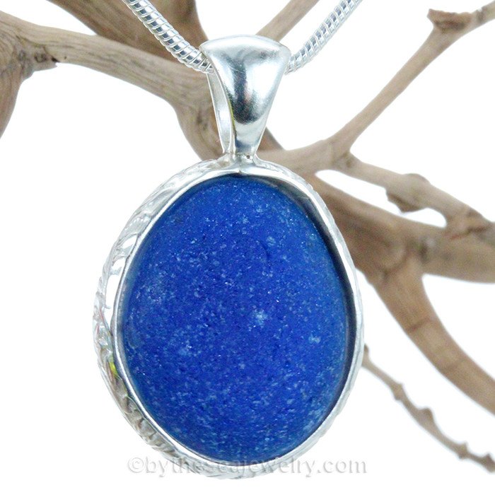 Ultra Rare Royal Blue Sea Glass Pendant In Solid Sterling Silver Deluxe Pattern Wire Bezel© 