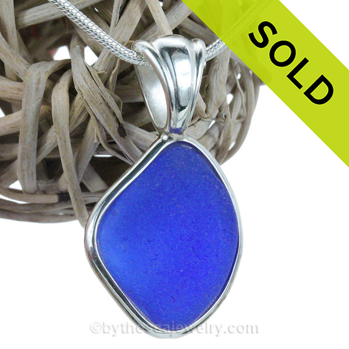 Blue Natural Sea Glass In Deluxe Sterling Bezel© Necklace Pendant 