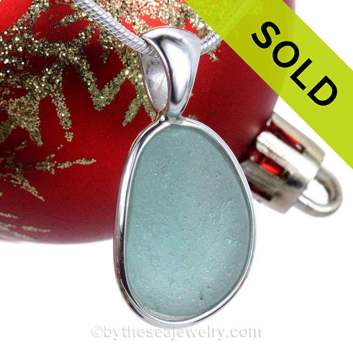 Medium Aqua Blue Sea Glass Pendant In Sterling Wire Bezel©  in Sterling Silver
