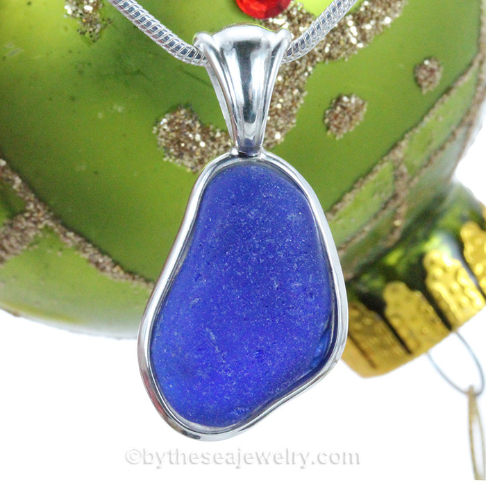 Blue Natural Sea Glass In Deluxe Sterling Bezel© Necklace Pendant 