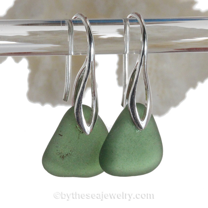  Thicker Seaweed Green Beach Found Sea Glass Earrings on Solid Sterling Deco Hooks