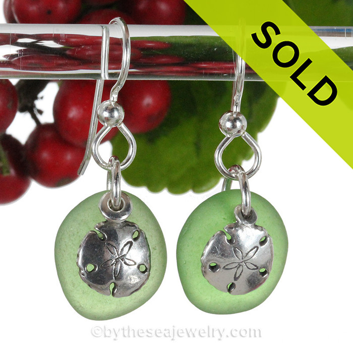 Green Sea Glass W/ Solid Sterling Silver Sandollar Charms