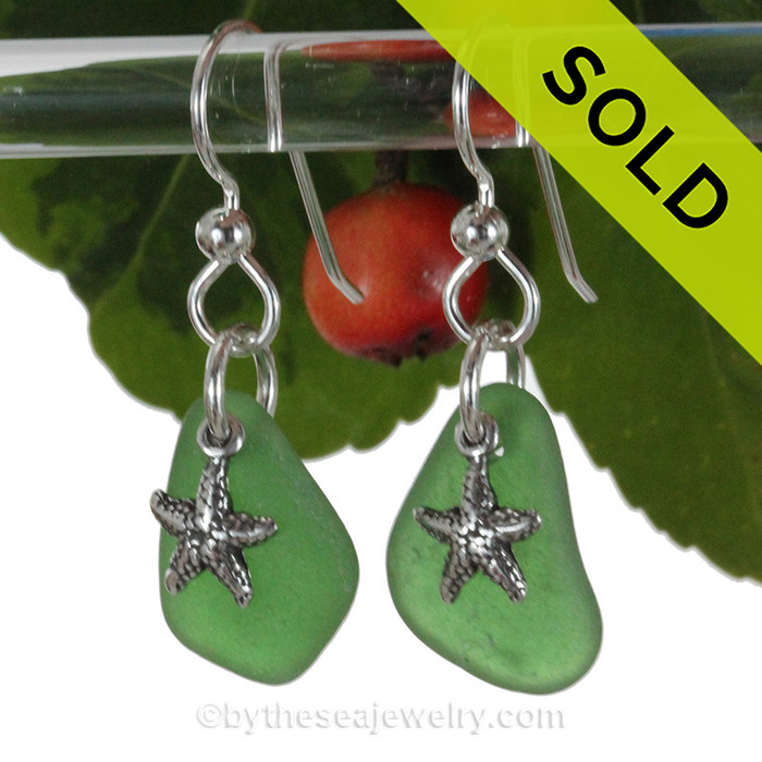 Green Sea Glass Earrings On Sterling Silver With Starfish Charms