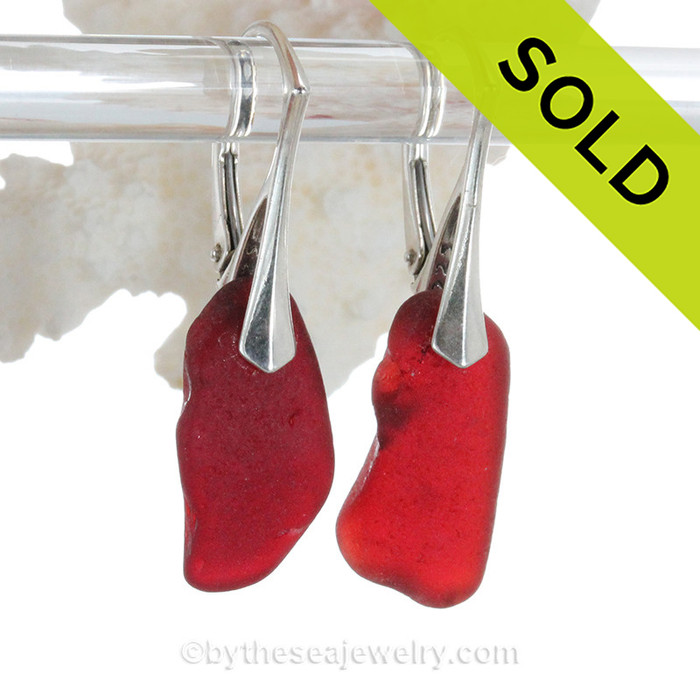 LONG RARE Ruby Red Genuine Beach Found Sea Glass Earrings