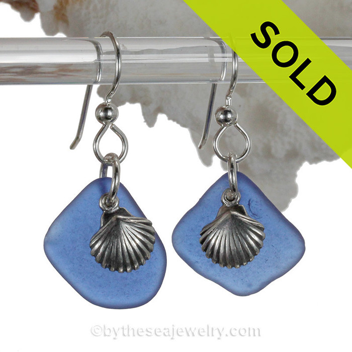 Blue Sea Glass Earrings On Sterling Silver W/ Sea Shell Charms 