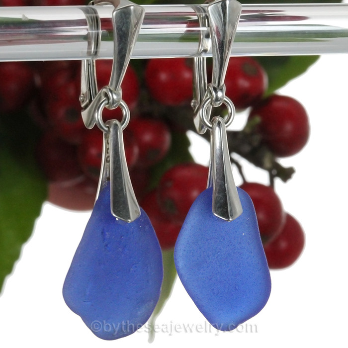 Cobalt Blue Sea Glass on Solid Sterling Silver Deluxe Dangly Leverbacks 