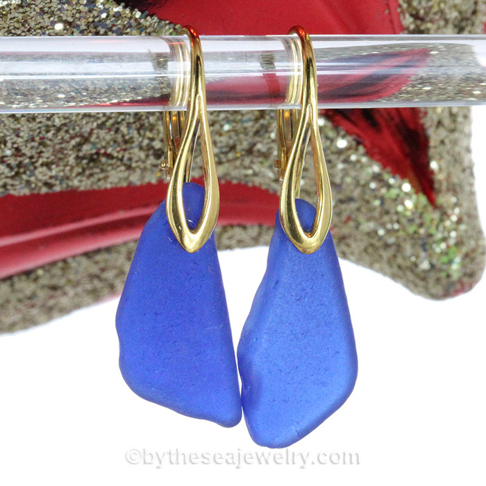 Blue Sea Glass on 24K Gold Vermeil Leverback Earrings