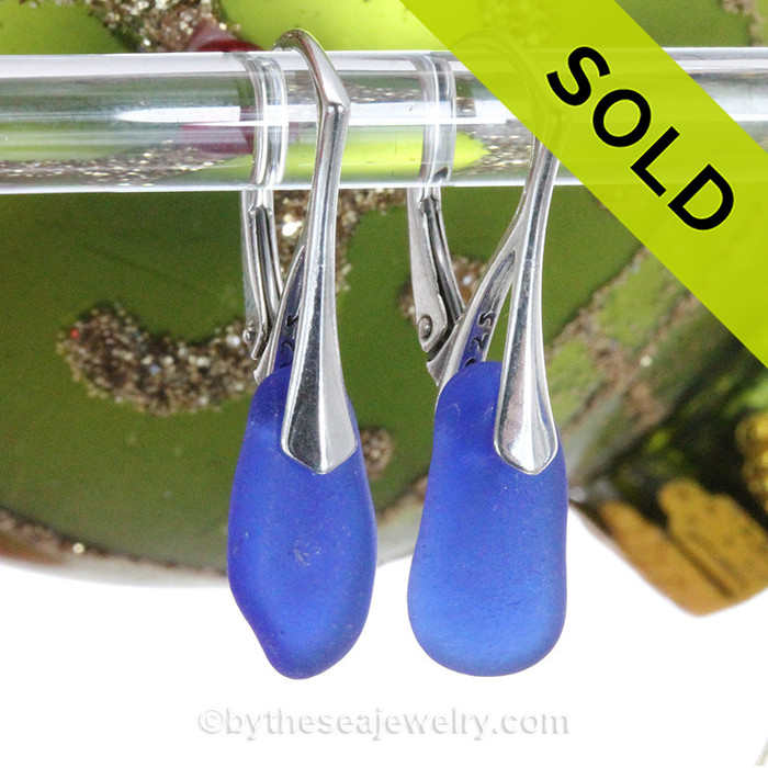 Long Simply Elegant Petite Genuine Blue Sea Glass Earrings on Solid Sterling Leverbacks