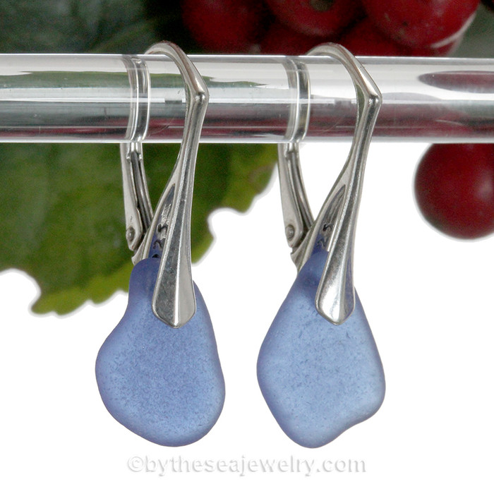 Genuine Medium Blue Sea Glass Earrings on Solid Sterling Leverbacks
