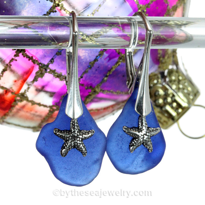 Blue Sea Glass Earrings On Sterling W/ Solid Sterling Starfish Charms On Leverbacks 