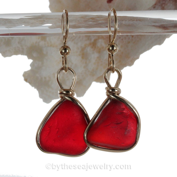 Chunky Rare RED/ORANGE Genuine Sea Glass in our Original Wire Bezel© earring setting lets all the color of these beautiful gold set beach found sea glass pieces shine!