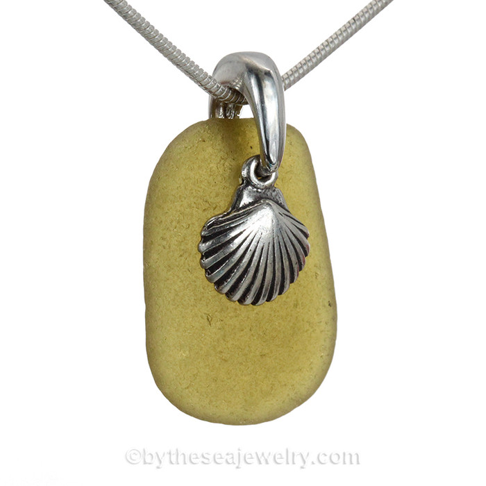 Olive Green Sea Glass Necklace W/ Sterling Silver Shell Charm - 18" Solid Sterling CHAIN INCLUDED