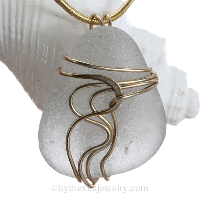 White Sea Glass Pendant In Gold Waves Setting
