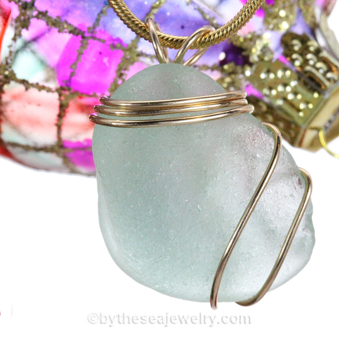 Seafoam Green Genuine Sea Glass In Goldfilled Triple Necklace Pendant