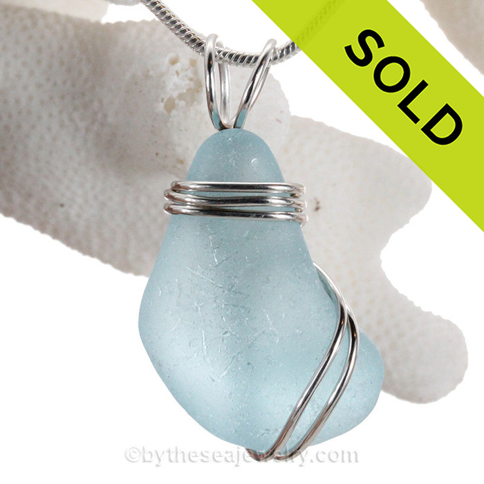 Baby Blue  Sea Glass Pendant in Heavy Triple Sterling Silver Setting.