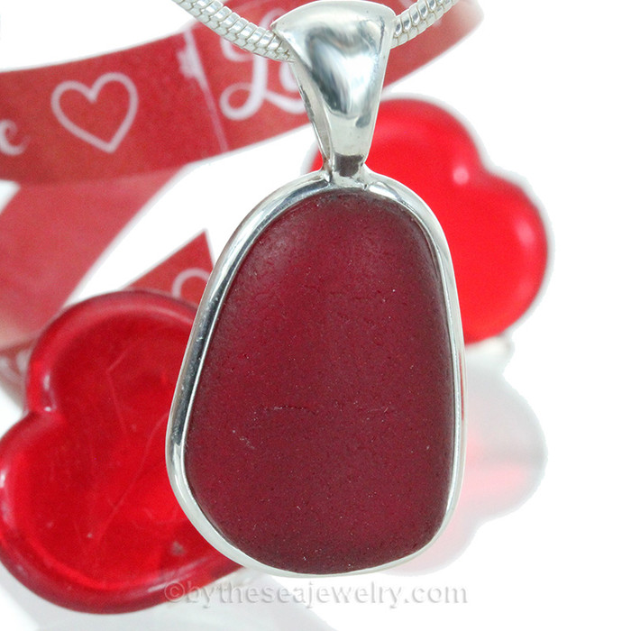 LARGE & P-E-R-F_E-C-T Deep Ruby Red Sea Glass Necklace In Sterling Deluxe Wire Bezel©