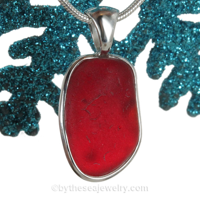 Large Bright Red Sea Glass In Deluxe Sterling Wire Bezel