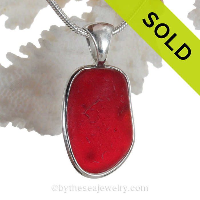 Large Bright Red Sea Glass In Deluxe Sterling Wire Bezel