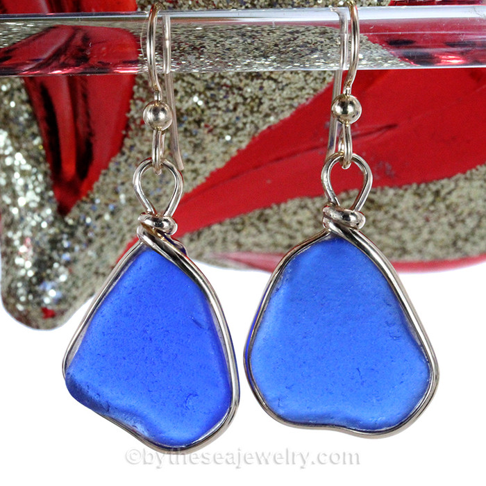 L-A-R-G-E- Blue Sea Glass Earrings 14K Rolled Gold Original Wire Bezel©