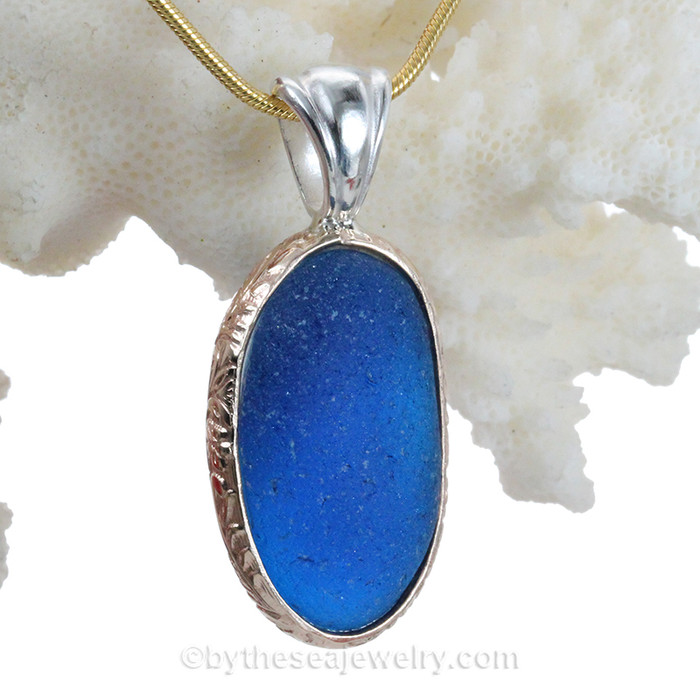 HUGE Royal Blue Sea Glass In Tiffany Deluxe Pattern Wire Bezel© Necklace Pendant