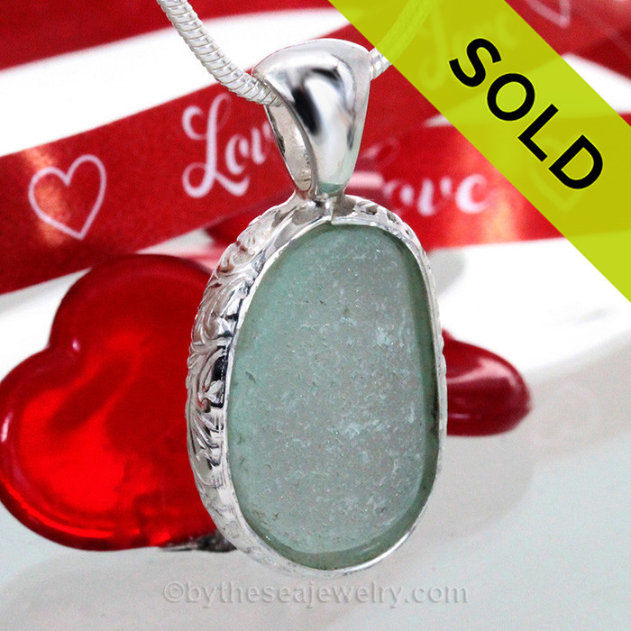 Seafoam Green Sea Glass Pendant In Solid Sterling Silver Deluxe Pattern Wire Bezel© 