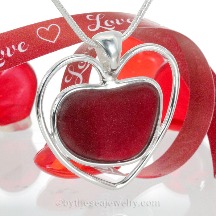 L-A-R-G-E SUPER RARE Deep Red Sea Glass Heart In Deluxe Sterling Double Bezel© Necklace Pendant