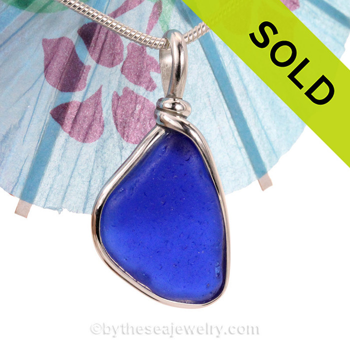 Triangular Cobalt Blue Genuine Sea Glass Pendant In Sterling