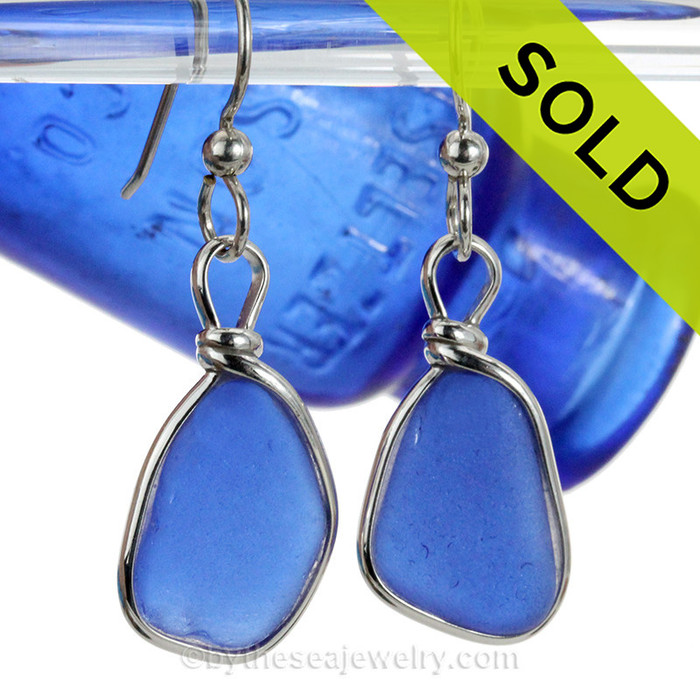 Blue Genuine Sea Glass Earrings Solid Sterling Silver 