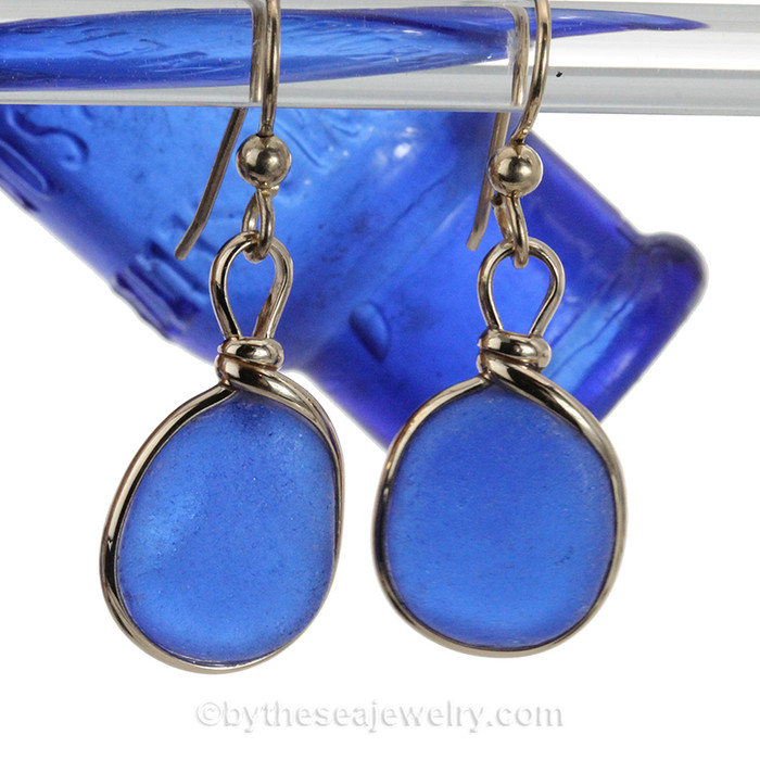 blue sea glass set in our Original Wire Bezel earring setting in gold