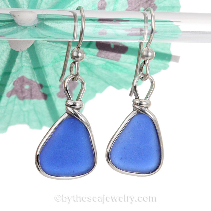 Blue Genuine Sea Glass Earrings 
