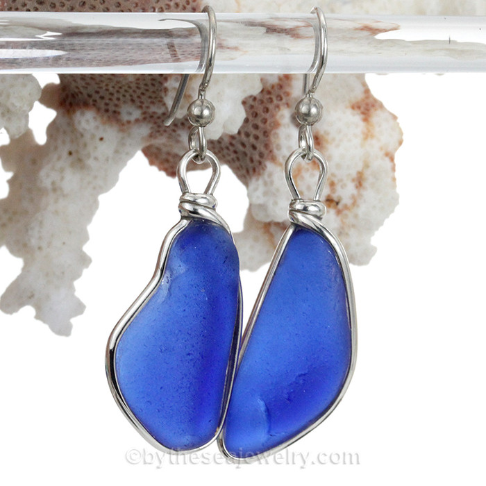Long Large Blue Genuine Sea Glass Earrings Solid Sterling Silver Original Wire Bezel©