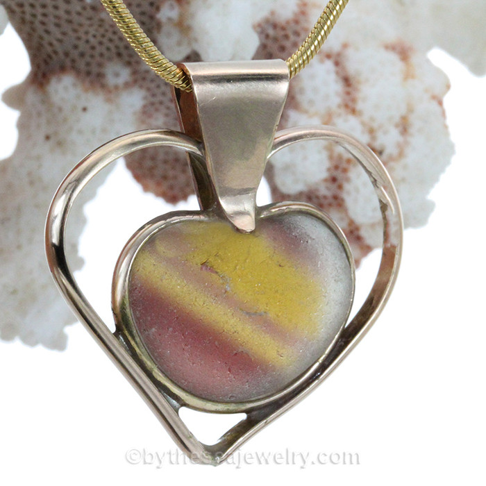 Heart of Gold -  SUPER Ultra Mixed Seaham Sea Glass Heart In Deluxe Rose Gold Bezel© Necklace Pendant
