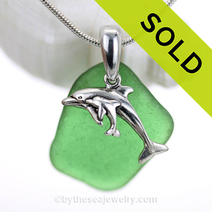 Green Sea Glass Necklace with Sterling Silver Dolphin Mother and Baby Charm