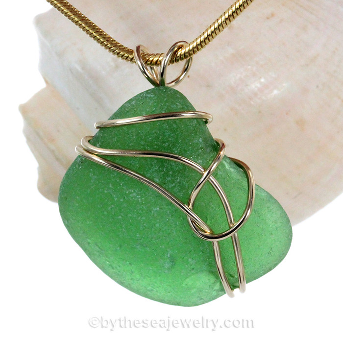 Green Genuine Sea Glass Pendant in Triple Goldfilled 