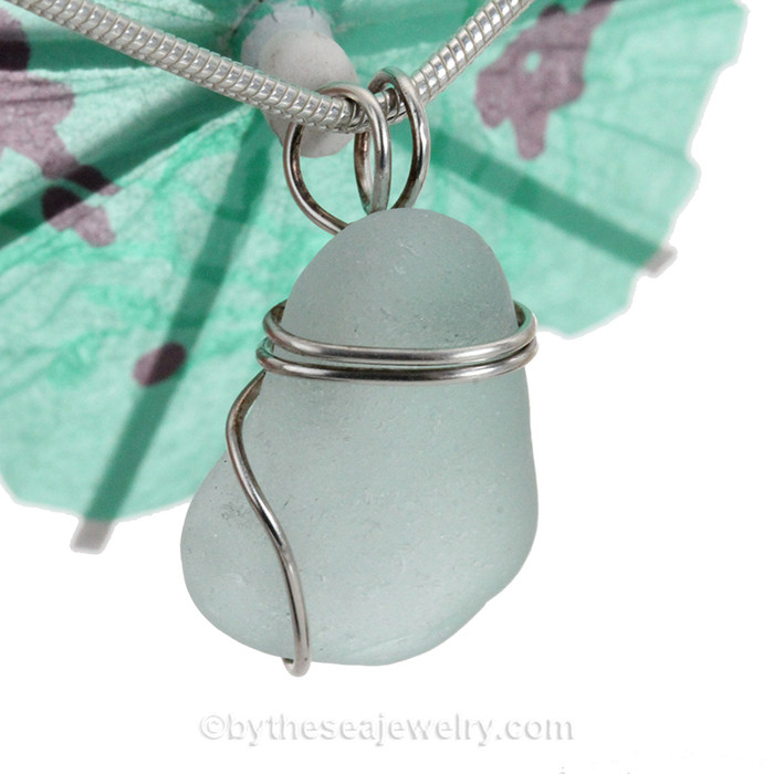 Pale Aqua Blue Beach Sea Glass In Sterling Basic Beach Setting Pendant