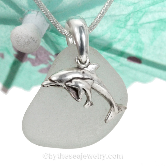 Pure White Sea Glass Necklace with Mother and Baby Sterling Charm - 18" Solid Sterling Chain INCLUDED